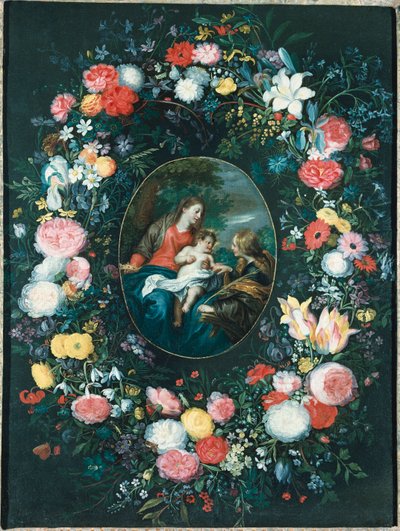 Het mystieke huwelijk van St. Catharina in een landschap, omgeven door een bloemenkrans door Jan Brueghel the Younger