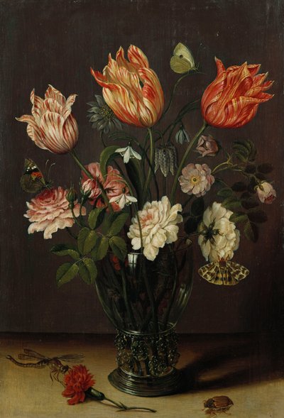 Tulpen met andere Bloemen in een Glas op een Tafel door Jan Brueghel the Younger