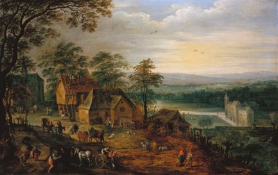 Dorpsstraat met figuren en karren, een ommuurd kasteel op de achtergrond door Jan Brueghel the Younger