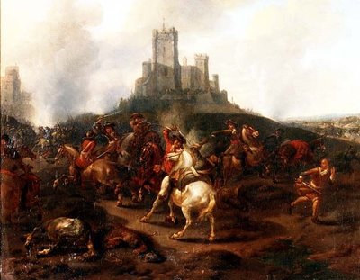 Een cavaleriegevecht voor een fort door Jan van (attr. to) Huchtenburgh