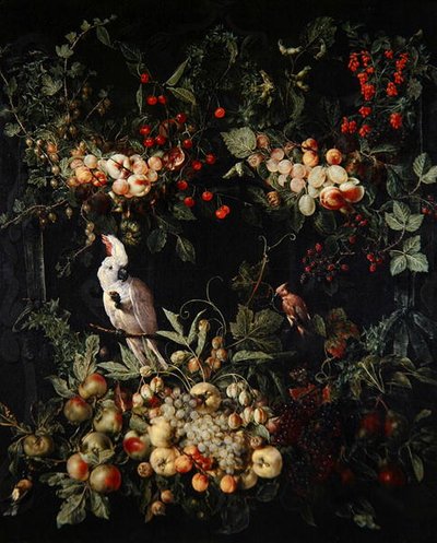 Guirlandes van fruit met bloemen rond een cartouche met een zwavelkuifkaketoe door Jan van (attr. to) Kessel