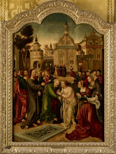 De opwekking van Lazarus, het centrale paneel van een altaarstuk door Jan van (circle of) Scorel
