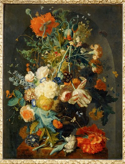 Vaas met bloemen in een nis ... door Jan van (follower of) Huysum