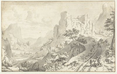 Berglandschap met reizigers op een weg door Jan van Aken