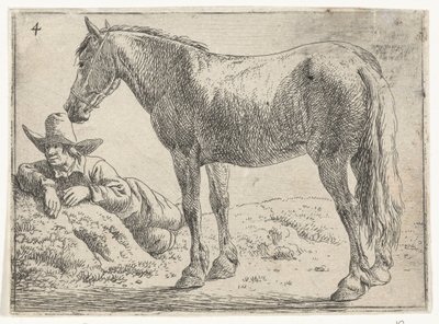 Staand paard met rustende ruiter door Jan van Aken