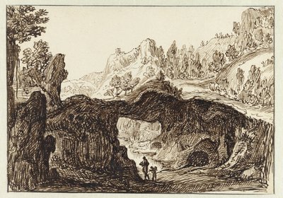 Rotsachtig berglandschap met op de voorgrond twee reizigers door Jan van Almeloveen