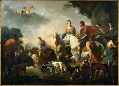 Aeneas en koningin Dido op jacht (schilderij op doek) door Jan van Bike Miel