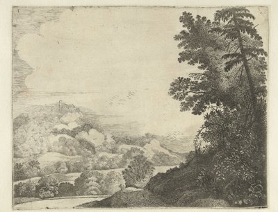 Landschap met schaap op heuvel en bomen door Jan van Brosterhuyzen