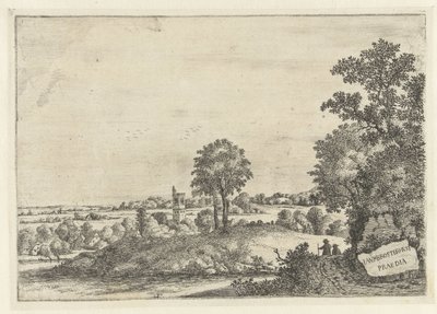 Landschap met twee mannen op een zandweg en gezicht op een dorp door Jan van Brosterhuyzen