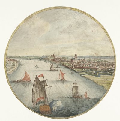 Gezicht op Nijmegen met de Waal en de Valkhofburcht door Jan van Call (I) (attributed to)