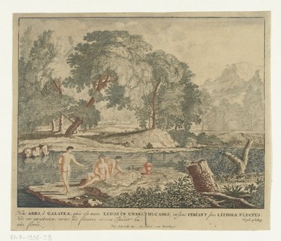 Drie nimfen baden in een meertje. Scènes uit Vergilius dichtbundel Bucolica (serietitel) door Jan van Call (I)