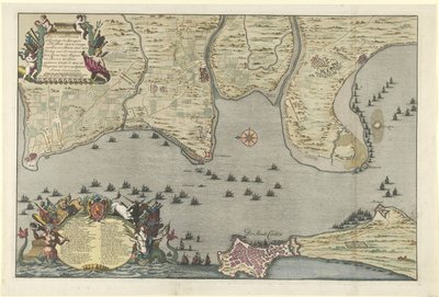 Kaart van de landing en expeditie van de Geallieerden bij Cadiz, 1702 door Jan van Call (I)