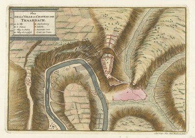 Plattegrond van dorp en kasteel van Trarbach, 1704 door Jan van Call (II) (attributed to)