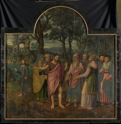 Johannes de Doper vermaant de Farizeeërs, middenpaneel van een drieluik door Jan van Coninxloo (II)