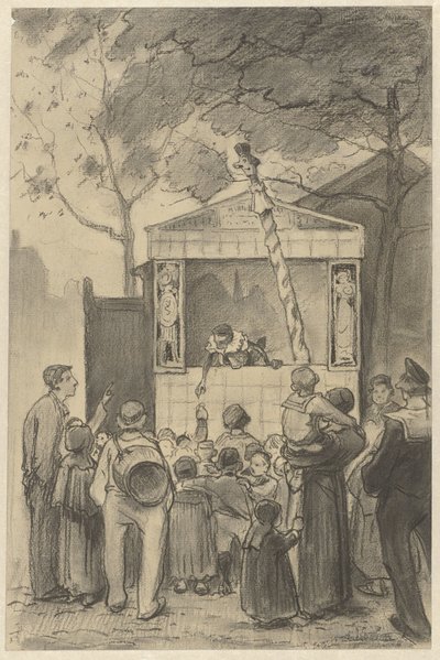 Toeschouwers voor een poppenkast door Jan van Essen (possibly)