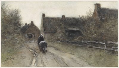 Dorpsgezicht met vrouw met kruiwagen door Jan van Essen