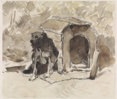 Hond, aangelijnd zittend voor zijn hok door Jan van Essen