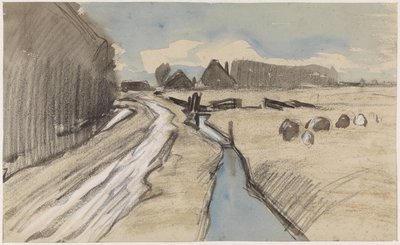 Landschap met een weg langs een sloot door Jan van Essen