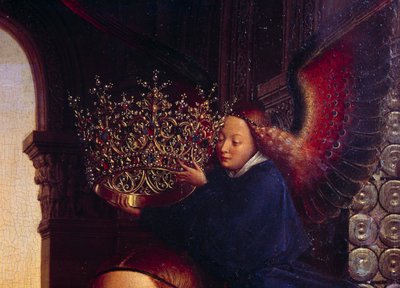Een engel kroont de Maagd. Detail van De Maagd van Kanselier Rolin door Jan van Eyck