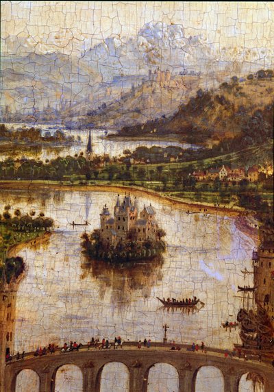 Landschap (detail) van “De Maagd van Kanselier Rolin” Nicolas Rolin (1376-1461) was kanselier van Bourgondië onder Filips de Goede en oprichter van de Hospices de Beaune in 1443. Schilderij door Jan van Eyck (1390-1441) door Jan van Eyck
