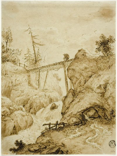 Man die een boomstambrug over een stroom oversteekt door Jan van Eyck