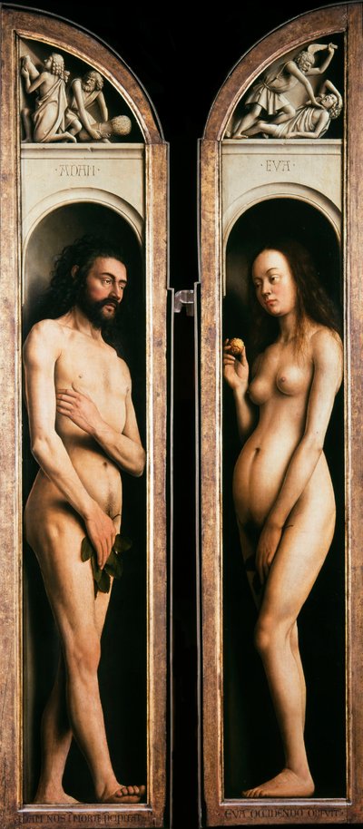 Het Gentse altaarstuk. Aanbidding van het mystieke lam: Adam en Eva door Jan van Eyck