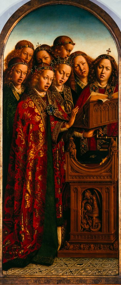 Het Gentse altaarstuk. Aanbidding van het mystieke lam: Zingende engelen, 1432 door Jan van Eyck