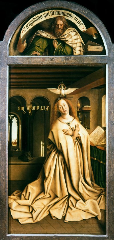 Het Lam Gods. Aanbidding van het Mystieke Lam: Maagd Annunciate, 1432 door Jan van Eyck