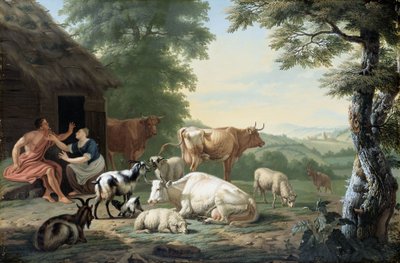 Arcadisch landschap met herders en vee door Jan van Gool