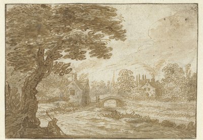 Landschap met huizen en een bruggetje door Jan van Goyen (possibly)