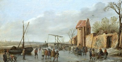 Een scène op het ijs door Jan van Goyen
