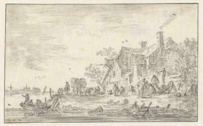 Boerderij aan de oever van een rivier door Jan van Goyen