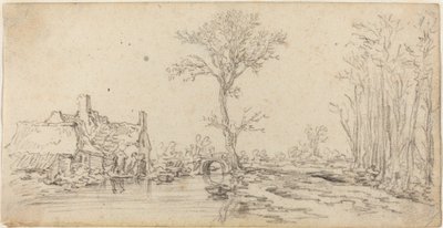 Huisje bij een rivier door Jan van Goyen