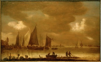Binnenbrengen van de visvangst bij zonsondergang door Jan van Goyen