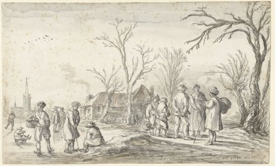Figuren bij een dorp in de winter door Jan van Goyen