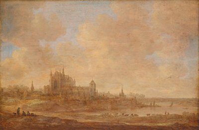 Rivierlandschap met de Leidse Hooglandse Kerk door Jan van Goyen