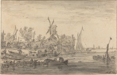 Kustscène met windmolen door Jan van Goyen