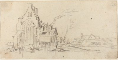 Huizen langs een weg door Jan van Goyen
