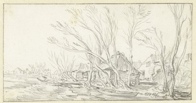 Landschap met kromme kale bomen voor boerderijen door Jan van Goyen
