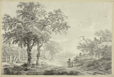 Man en jongen lopen dorpsweg af door Jan van Goyen