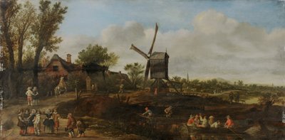 Rivierlandschap met windmolen en boten door Jan van Goyen