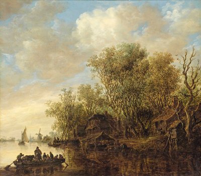 Rivierlandschap met een veerboot door Jan van Goyen