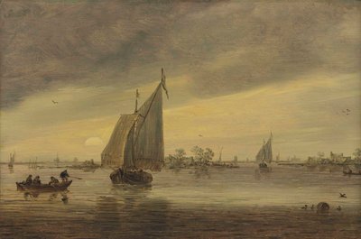Zonsopgang over de Haarlemmermeer met een schippersschip en andere boten door Jan van Goyen