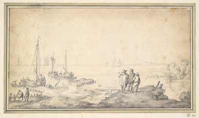 Drie figuren op een duin met uitzicht op baai met schepen door Jan van Goyen