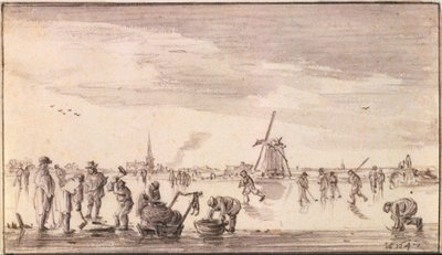 Winterlandschap met schaatsers en vissers door Jan van Goyen