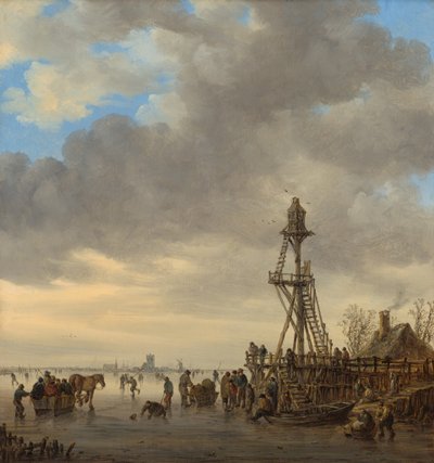 Winterlandschap met bevroren meer, schaatsers en houten uitkijktoren door Jan van Goyen