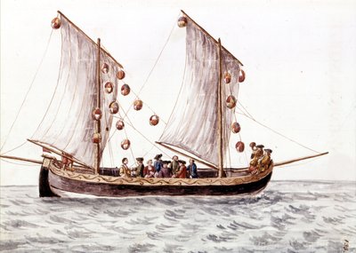 Een Venetiaanse trabac met lantaarns, vissersboot gebruikt in ondiepe wateren zoals de Adriatische Zee, Aquareltekening en inkt uit het manuscript 