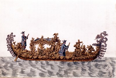 Een koninklijke gondel. Aquarel en inkttekening uit het manuscript 