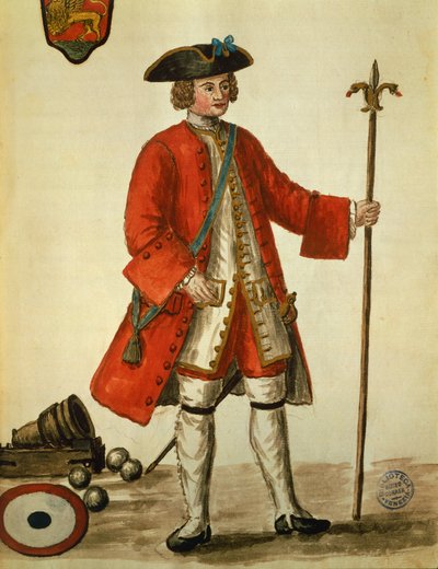 Een artillerist van de Venetiaanse marine in uniform, uit De kostuums van Venetianen door Giovanni di Grevembroch door Jan van Grevenbroeck
