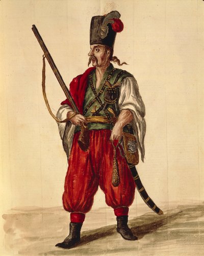 Karabinier uniform, uit geïllustreerd boek van kostuums door Jan van Grevenbroeck